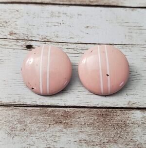 Vintage Clip On Earrings Pink Circle with White Lines